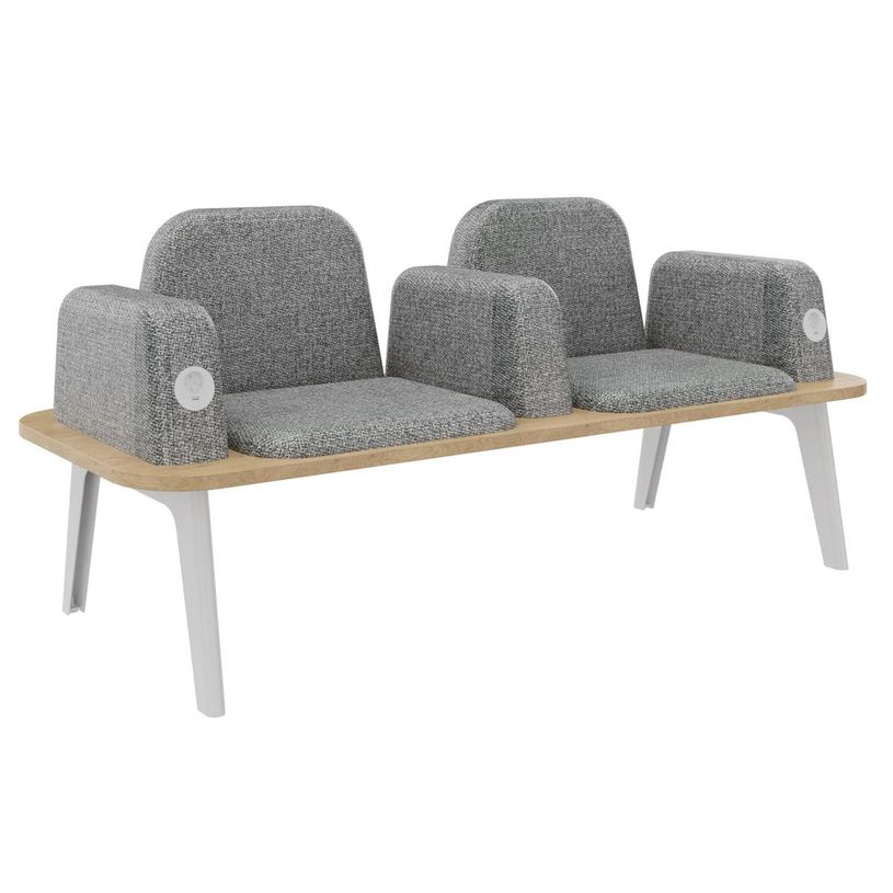 3253310179387-Banquette ILO - 2 places L172xP67cm -  blanc - structure chêne clair - tissu gris chiné-P_405134613_1-0