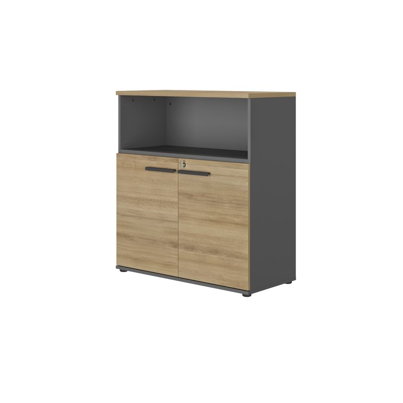 3483601100220-Rangement mi-haut CONNEXION - L80 x H109 x P45 - 2 portes - 1 étagère - 1 niche - Chêne-P_405137426_1-0