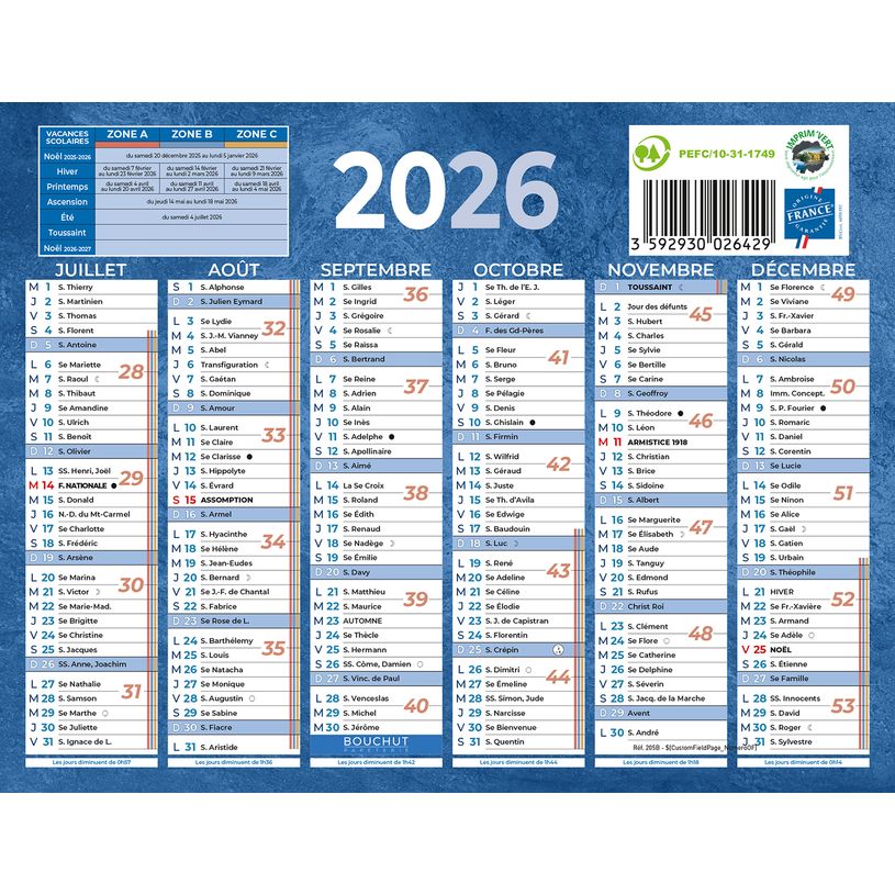 3592930026429-Calendrier bancaire année civile BOUCHUT "205 Bleu" 13,5 x 17, 5 cm coloris bleu 70 %--1
