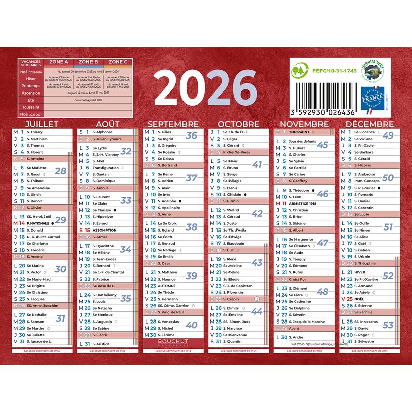 3592930026436-Calendrier bancaire année civile BOUCHUT "205 Rouge" 13,5 x 17,5 cm coloris rouge 70 %--1