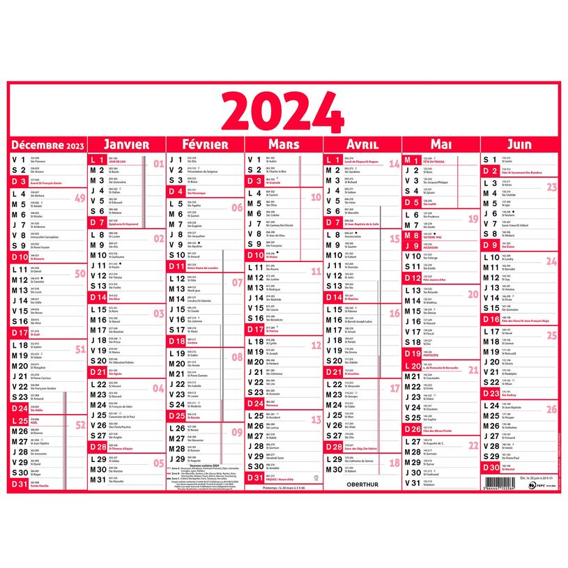 3664447154664-Calendrier Classique - 7 mois par face - 43 x 55 cm - rouge - Oberthur-P_405149387_2-1