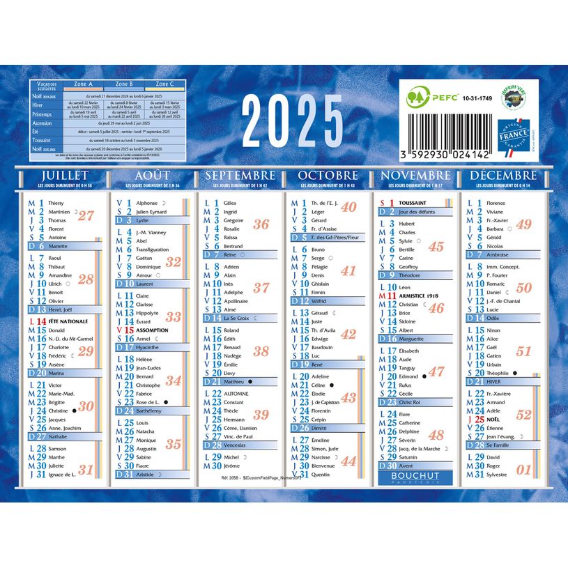 3592930026429-Calendrier bancaire année civile BOUCHUT "205 Bleu" 13,5 x 17, 5 cm coloris bleu 70 %-P_405149979_2-1