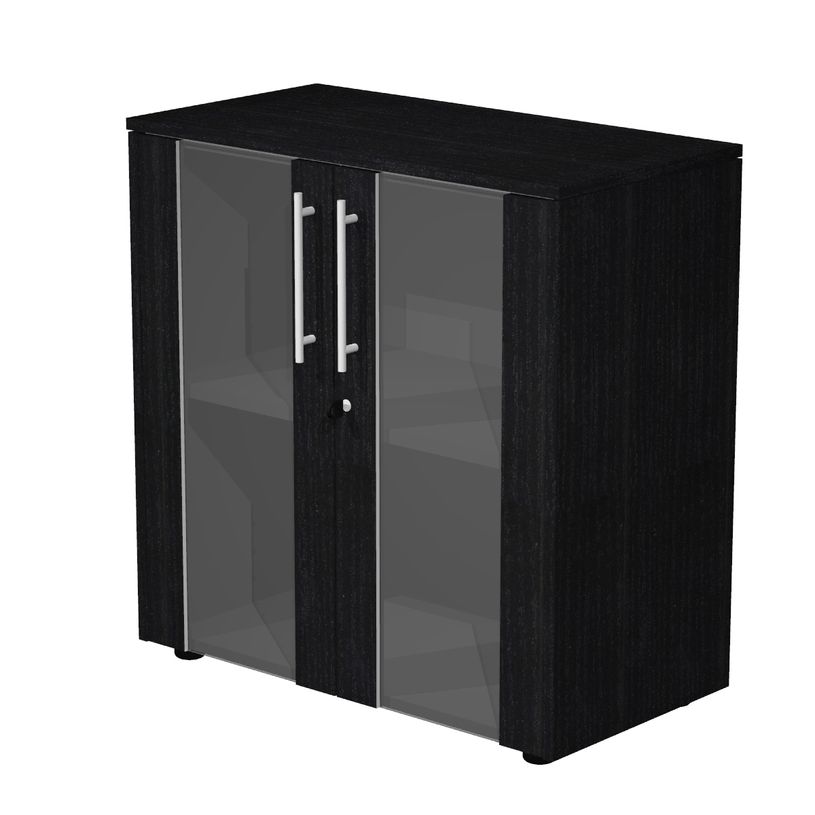 7331920003196-Armoire basse Flora - L82,8xP43xH81,4 cm - portes vitrées- 1 étagère - frêne noir-P_405154458_1-0