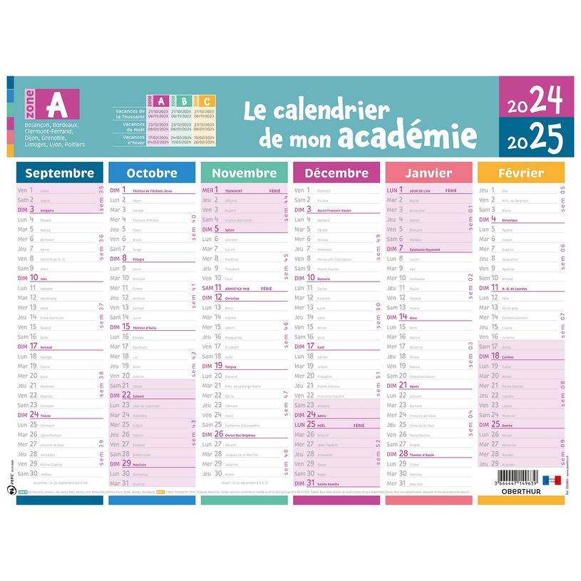3664447174532-Calendrier de mon académie - Zone A - 6 mois par face - 32 x 42 cm - Oberthur-P_405161967_1-0