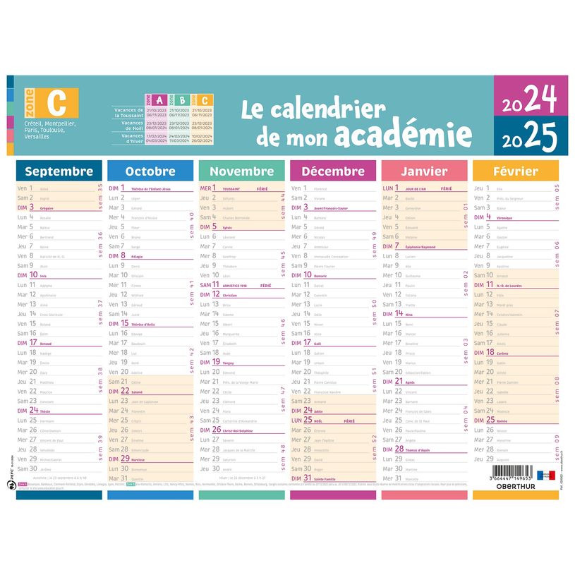 3664447175362-Calendrier de mon académie - Zone C - 6 mois par face - 32 x 42 cm - Oberthur-P_405161969_1-0