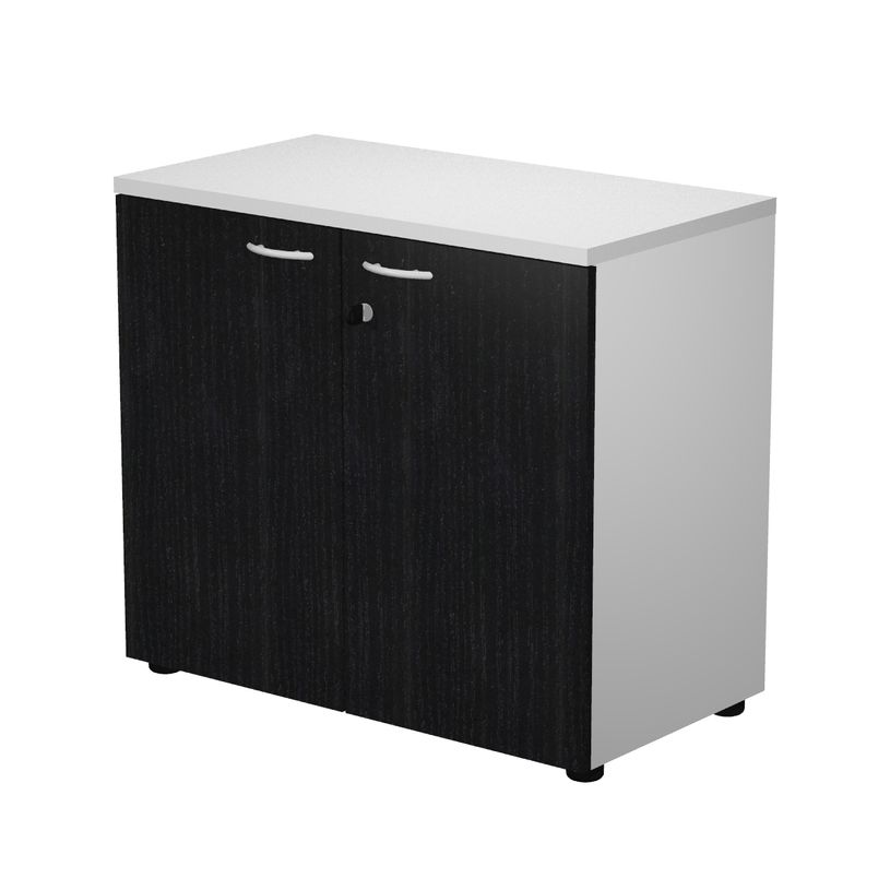 7331920002557-Bibliothèque basse Trend - L80xP44xH72 cm - 2 portes en mélaminé imitation frêne noir -P_405165865_1-0