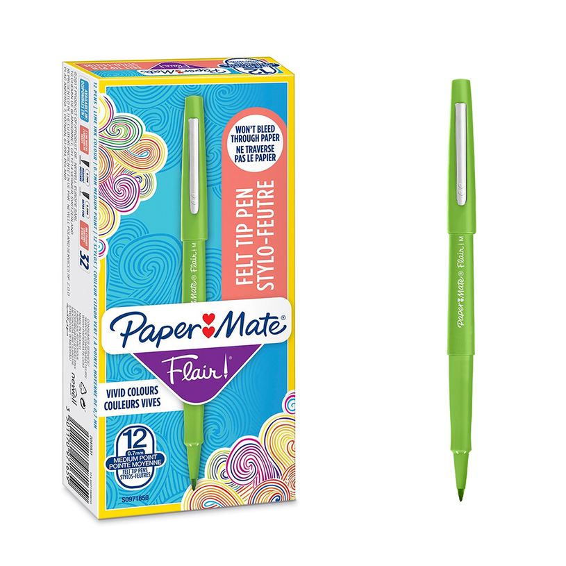 0404051843355-Paper Mate - Flair Feutres d'écriture - Pointe moyenne (0,7 mm) - encre vert clair - bo