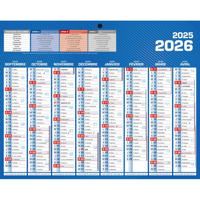 3592930026276-Calendrier bancaire année civile BOUCHUT "Classique 16 Mois Mini" 21 x 26,5 cm coloris bleu Pefc 70 %--0