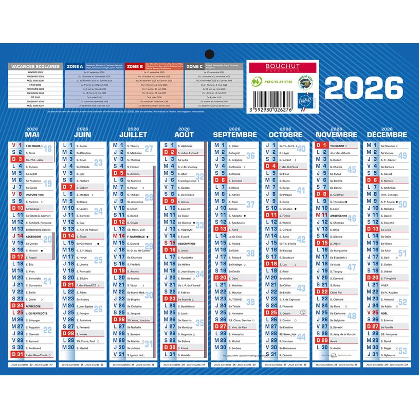 3592930026276-Calendrier bancaire année civile BOUCHUT "Classique 16 Mois Mini" 21 x 26,5 cm coloris bleu Pefc 70 %--1