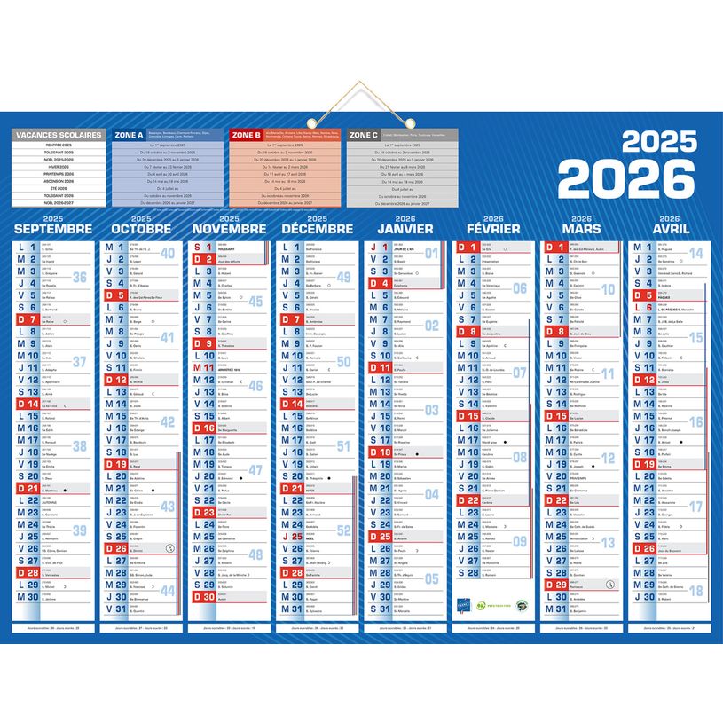 3592930026269-Calendrier bancaire année civile BOUCHUT "Classique 16 Mois" 40,5 x 55 cm coloris bleu Pefc 70 %--0