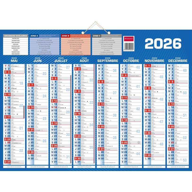 3592930026269-Calendrier bancaire année civile BOUCHUT "Classique 16 Mois" 40,5 x 55 cm coloris bleu Pefc 70 %--1