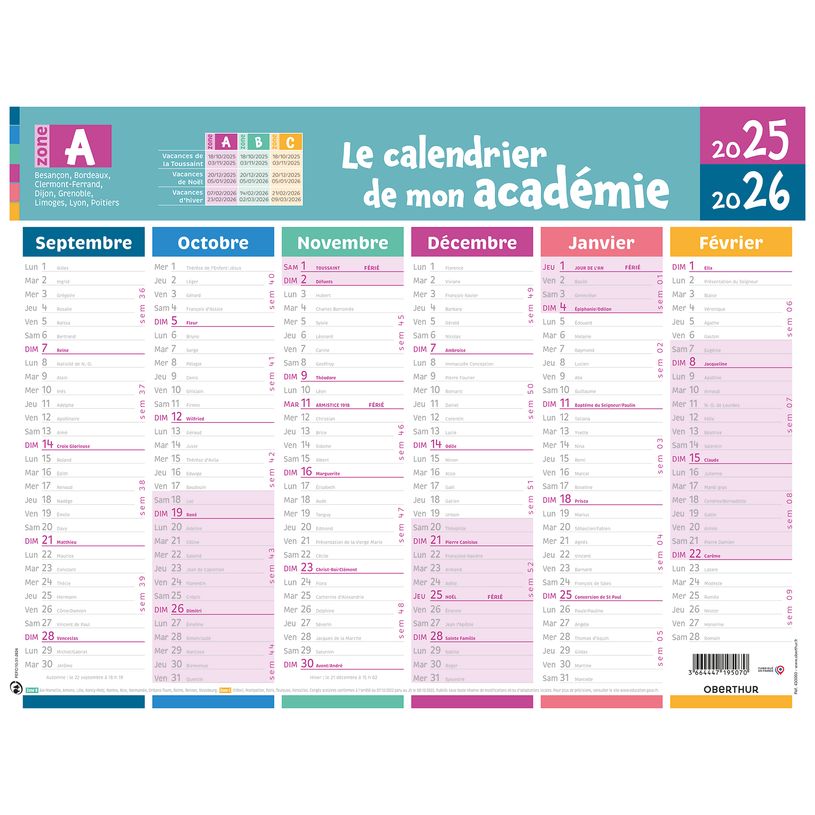 3664447195070-Calendrier de mon académie - Zone A - 6 mois par face - 32 x 42 cm - Oberthur-P_405228536_1-0