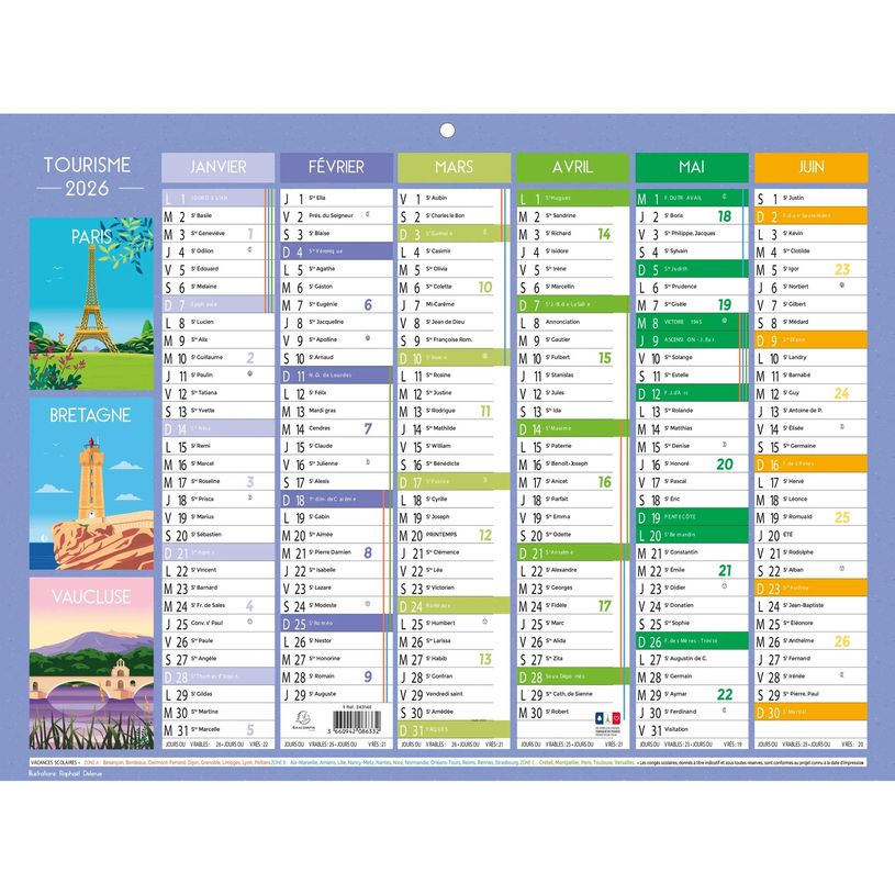 3660942086332-Calendrier illustré Tourisme - 7 mois par face - 29,5 x 22 cm - Exacompta--0