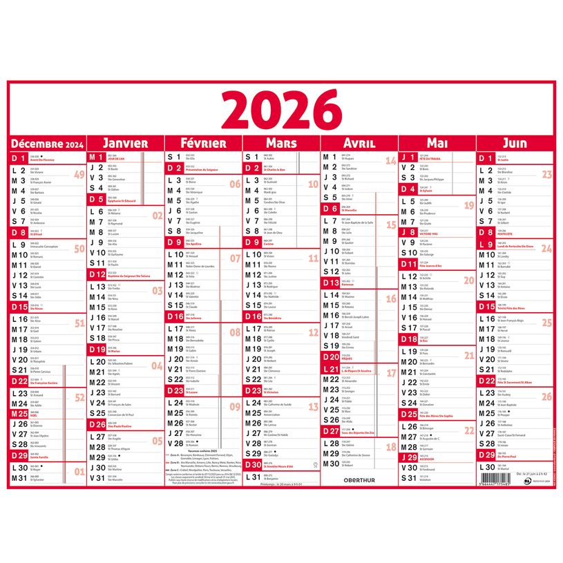 3664447209548-Calendrier Classique - 7 mois par face - 320 x 420 mm - rouge - Oberthur--0