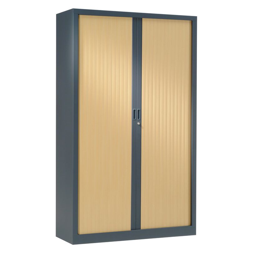 3219095826014-Armoire haute monobloc à rideaux GENERIC - 198 x 120 x 43 cm - corps anthracite - rideaux chêne--0