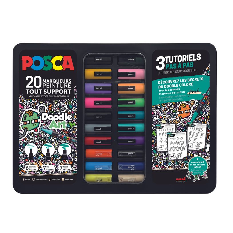 3296280050560-POSCA – Mallette métal noire 20 marqueurs Doodle Art – Édition limitée--0