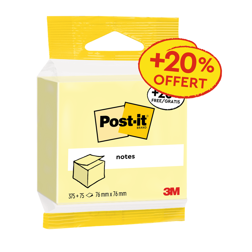 3134375454612-Post-it® - Cube de Notes - 76 mm x 76 mm 450 Feuilles/Bloc - 100% PEFC - jaune Canari --0