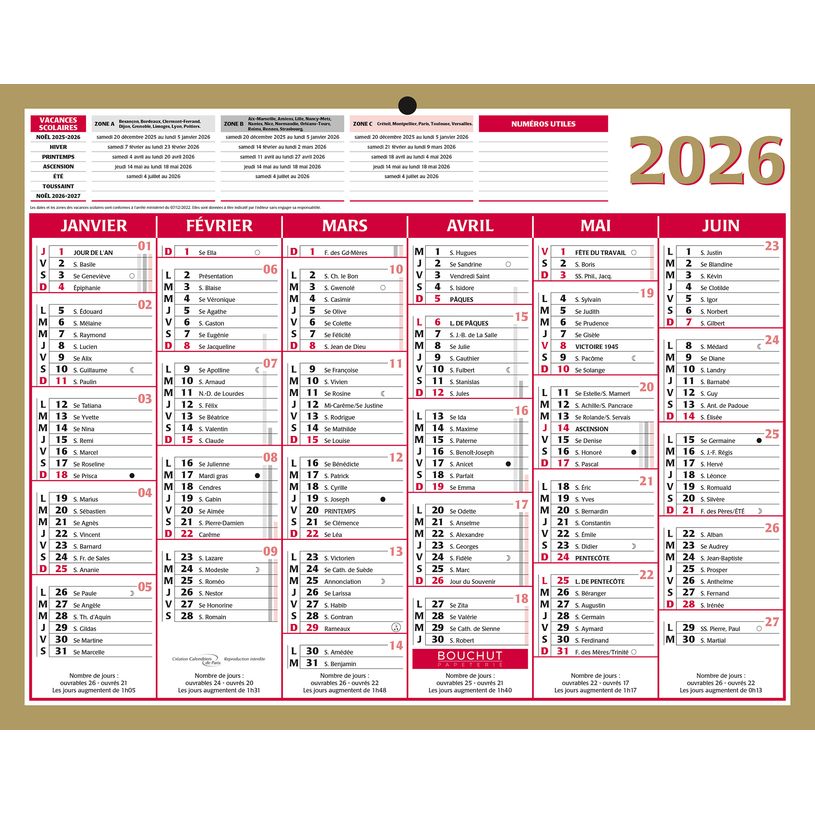 3592930026542-Bouchut Lunor - Calendrier bancaire 6 mois par face - 21 x 26,5 cm - or--0