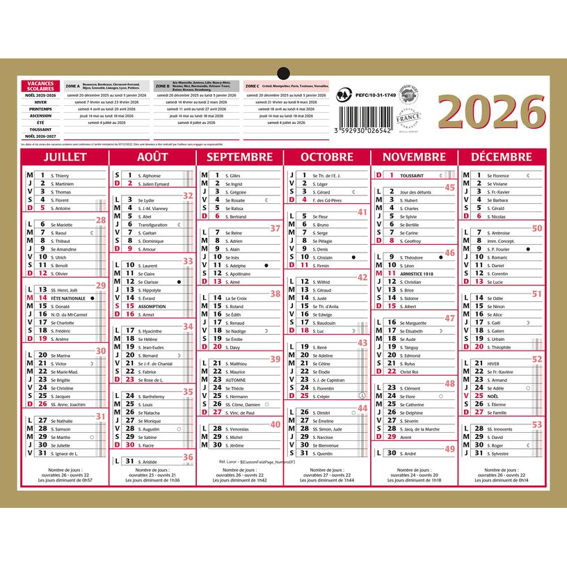3592930026542-Bouchut Lunor - Calendrier bancaire 6 mois par face - 21 x 26,5 cm - or--1