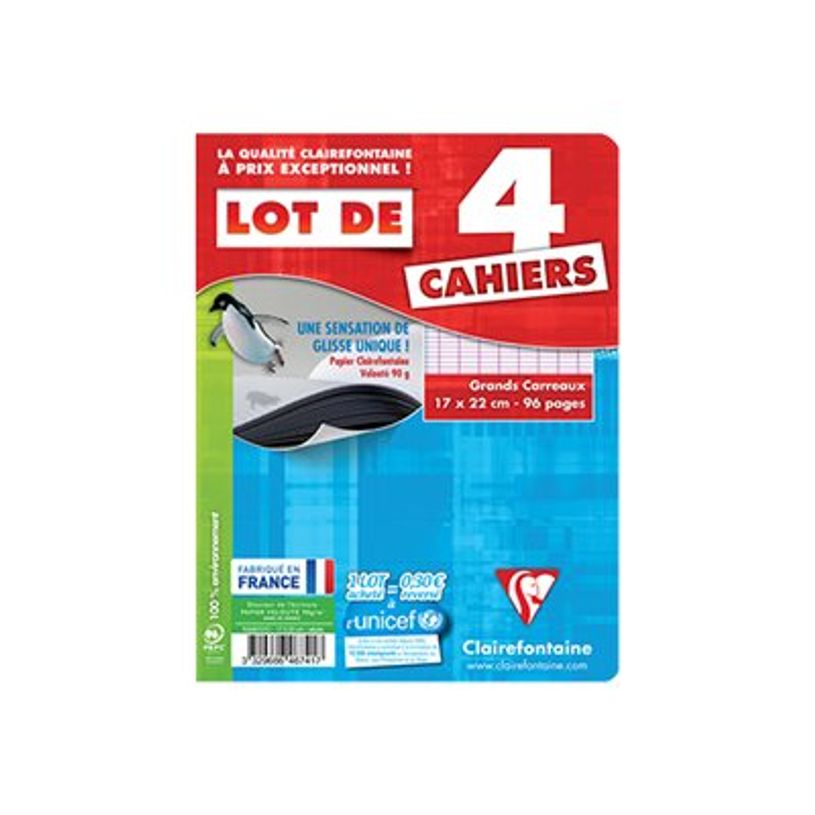 3329686467417-Clairefontaine - 4 Cahiers - 17 x 22 cm - 96 pages - Grands carreaux-P_79367567_1-0