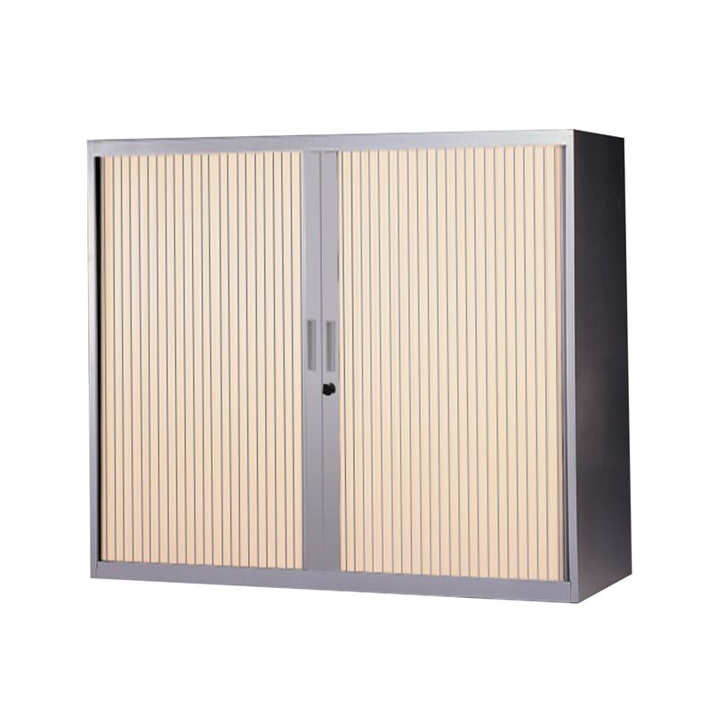 3700339871469-Armoire basse à rideaux - L120  x H105 x P43 cm - 2 tablettes - corps silver / porte chên-P_79367701_1-0