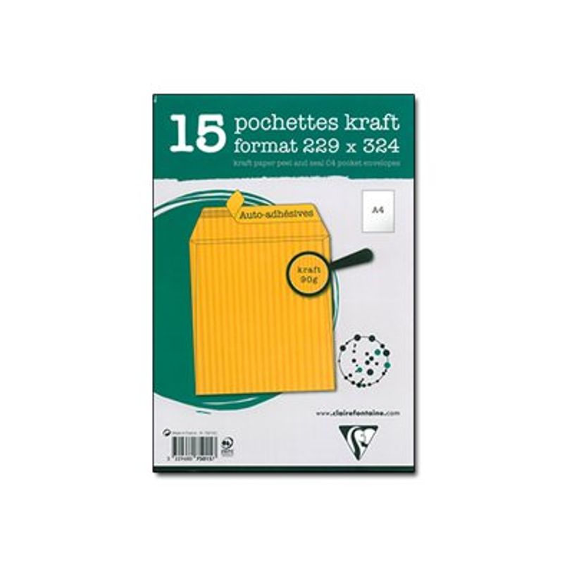 3329680750157-Clairefontaine - 15 Enveloppes kraft - 229 x 324 mm - bande auto-adhésive-P_79377208_1-0