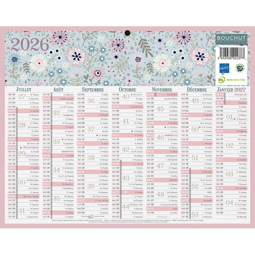 3592930026719-Bouchut Fleurs - Calendrier bancaire 7 mois par face - 21 x 26,5 cm--1