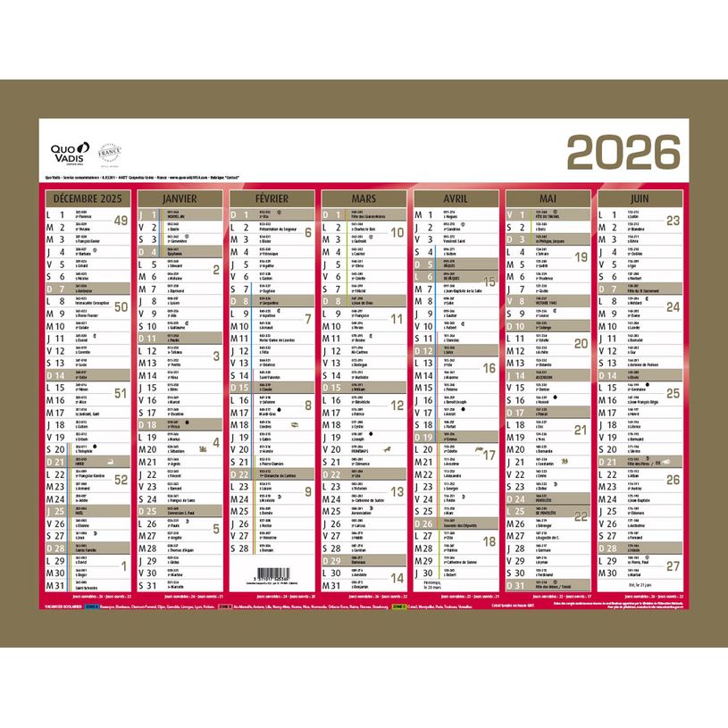 3371017525365-Quo Vadis - Calendrier bancaire 7 mois par face - 33 x 43 cm - or--0