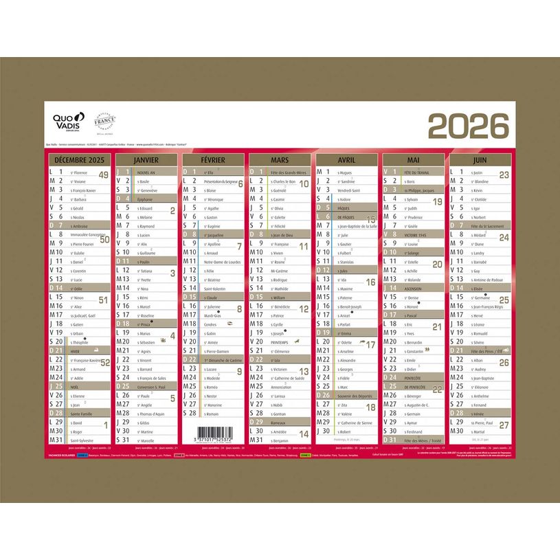3371017525372-Quo Vadis - Calendrier bancaire 7 mois par face - 21 x 27 cm - or--0