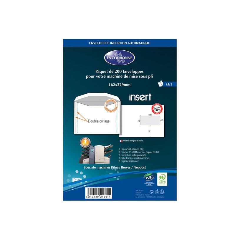 3240180215611-La Couronne - 200 Enveloppes C5 162 x 229 mm - 80 gr - fenêtre 45x100 mm - blanc-P_79418408_1-0