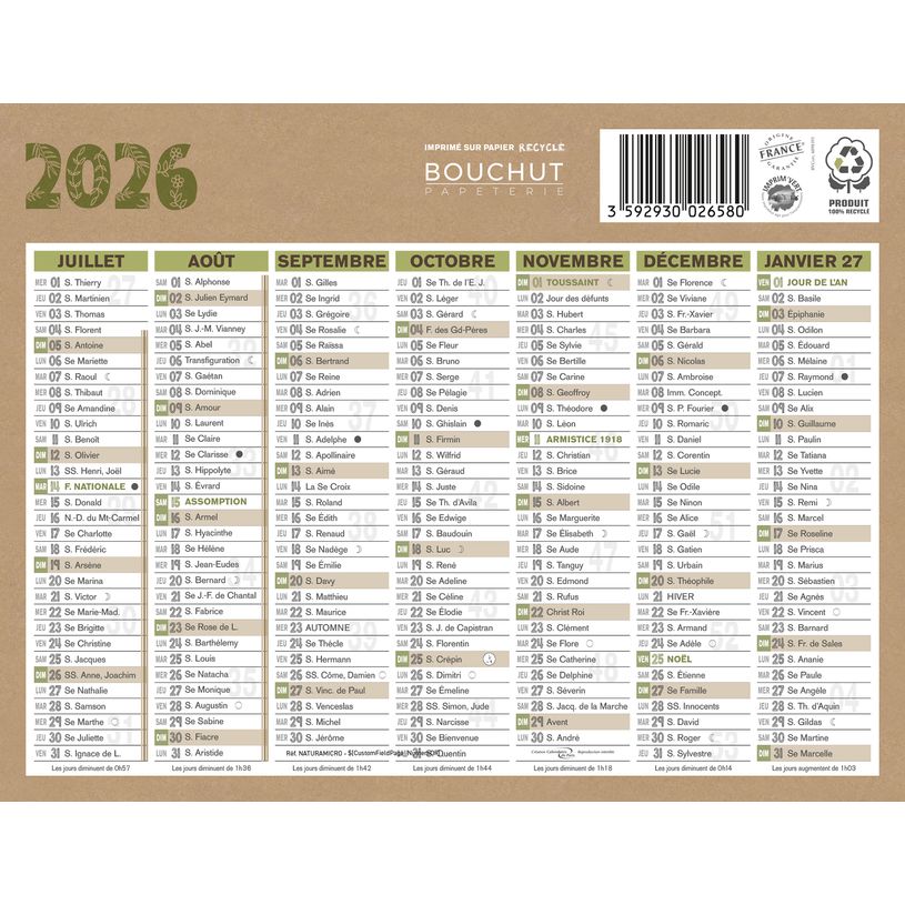 3592930026580-Bouchut Natura - Calendrier bancaire 7 mois par face - 13,3 x 17,5 cm - beige--1