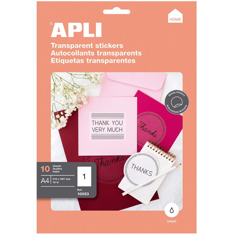 8410782100539-Apli Agipa - 10 Étiquettes adhésives transparentes - A4 (210 x 297 mm) - Impression jet d'encr-P_79433298_1-0