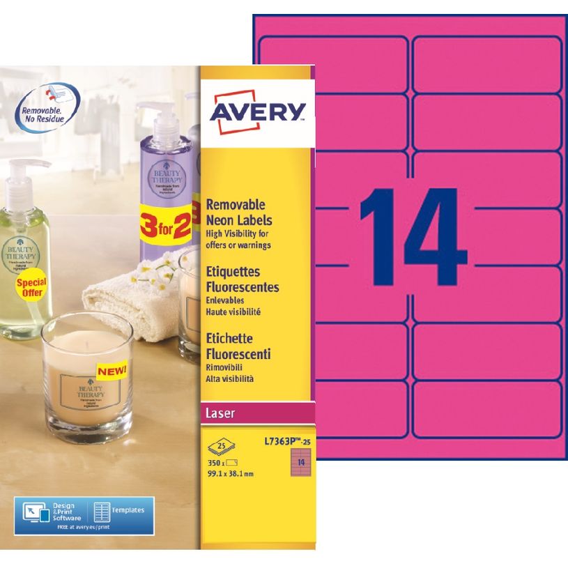 0400794396950-Avery - 350 Étiquettes amovibles rose fluo - 99,1 x 38,1 mm - Impression laser - réf L736-P_79439695_1-0