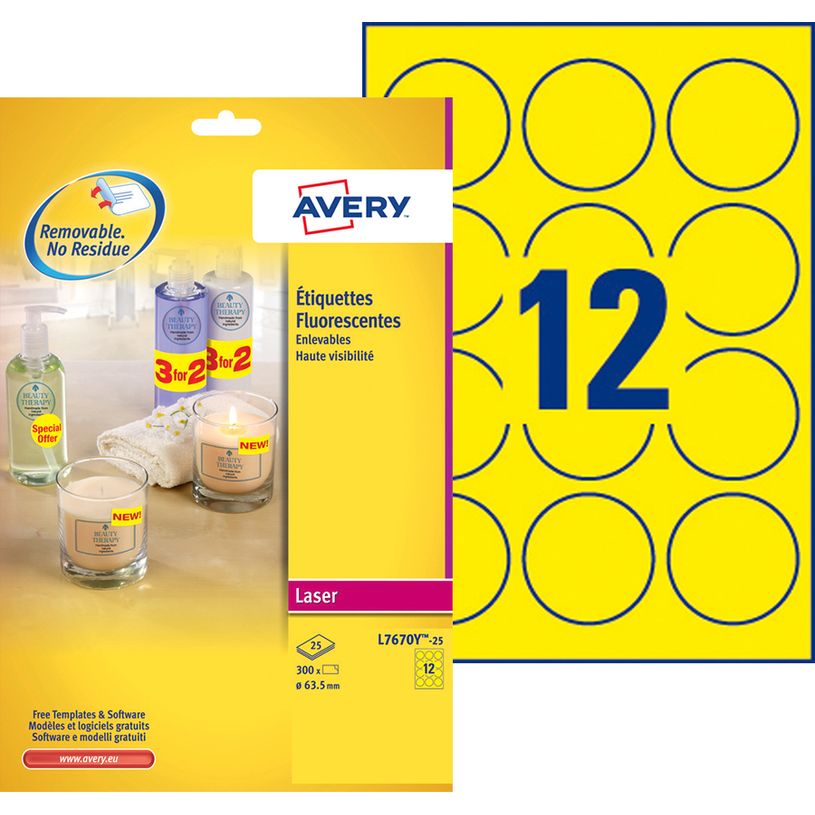 3266550263181-Avery L7670Y - Jaune fluo - diamètre 63,5 mm 300 étiquette(s) (25 feuille(s) x 12 étique-P_79439752_1-0
