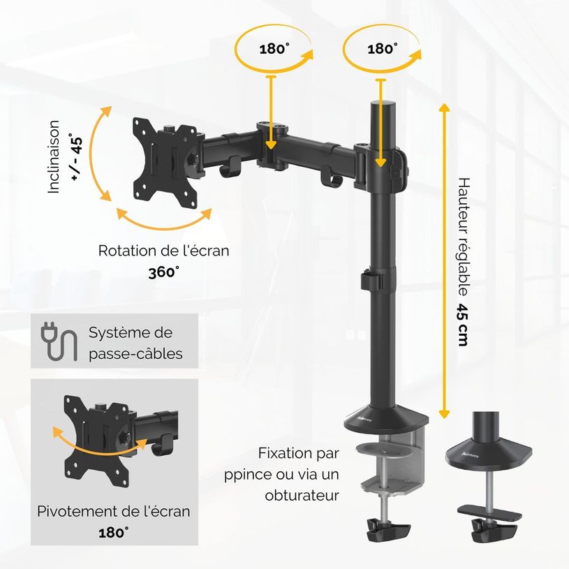 0043859748471-Fellowes Reflex - Bras porte-écran simple jusqu'à 32" - réglable en hauteur et en profondeur - système de -P_79445437_3-2