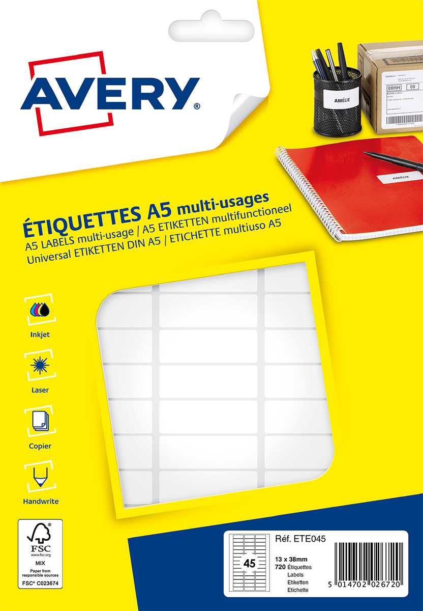 Avery - Etui A5 - 720 Étiquettes multi-usages blanches - 13 x 38 mm - réf ETE045
