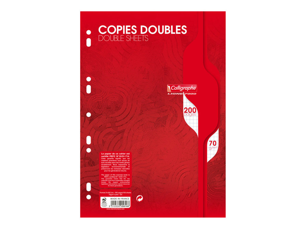Calligraphe - 200 copies doubles A4 - petits carreaux (5x5 mm) - perforées