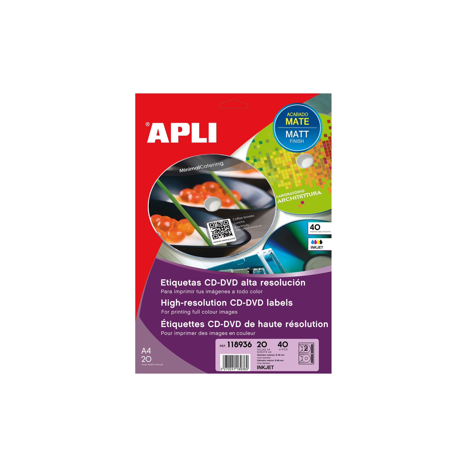 Apli - 40 Étiquettes CD/DVD photo mat