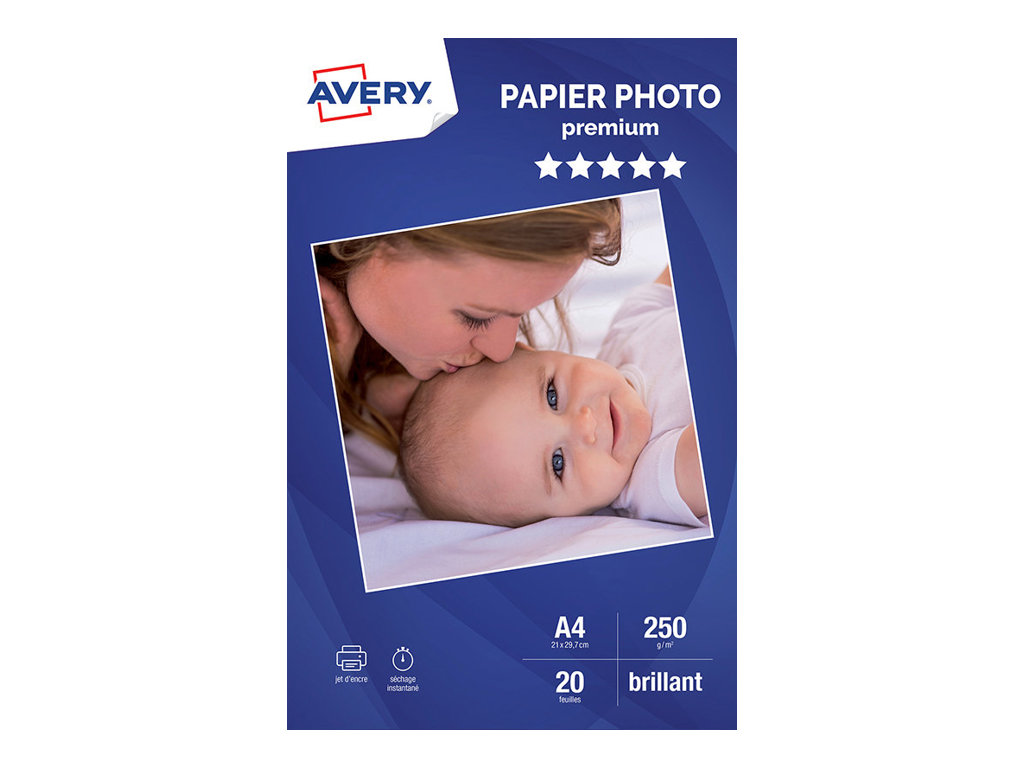 Avery - Papier Photo brillant - A4 - 250 g/m² - impression jet d'encre - 20 feuilles