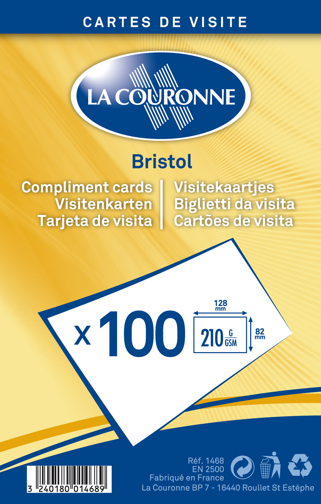 La Couronne - 100 Cartes bristol en coffret cristal - 128 x 82mm - 210 gr - blanc