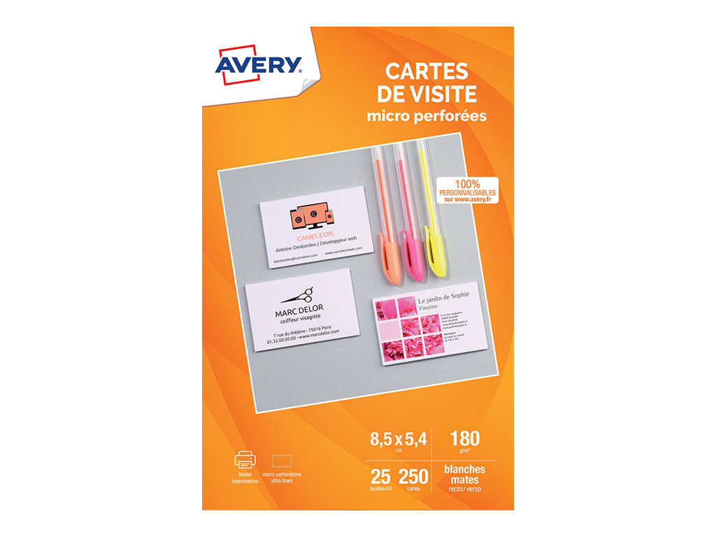 Avery - Papier pour 250 cartes de visite micro perforées 85 x 54 mm - 180 g/m² - impression jet d'encre - 25 feuilles