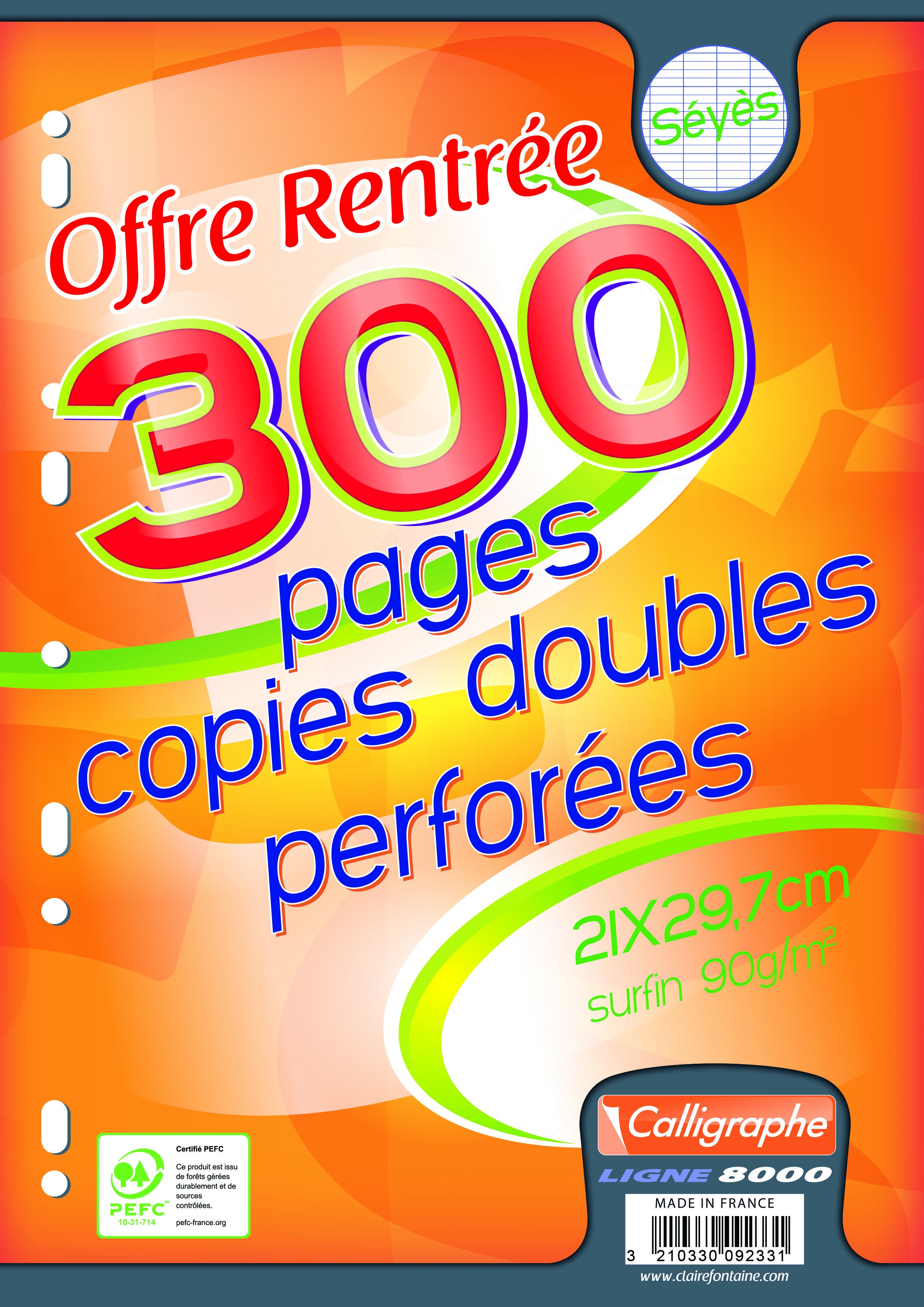 Calligraphe - 300 copies doubles sous film - A4 - grands carreaux (Seyes) - perforées