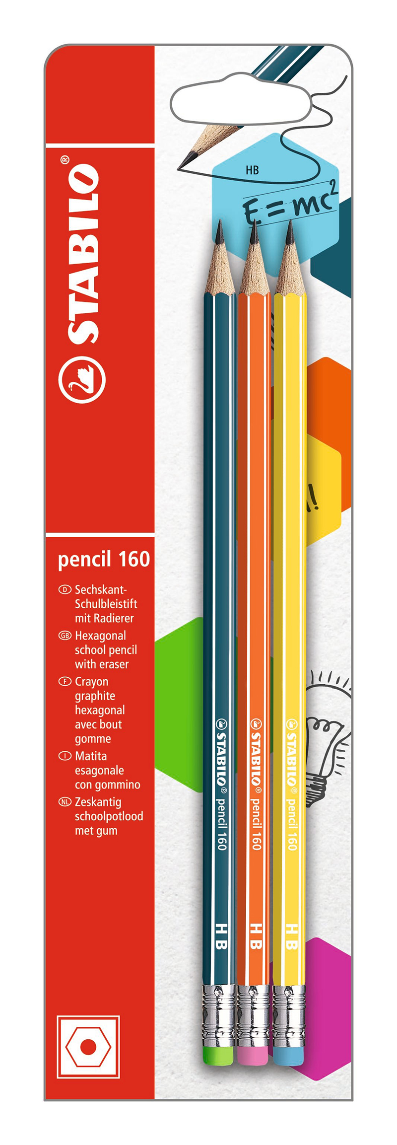 STABILO pencil 160 - 3 Crayons à papier - HB - embout gomme - couleurs assorties