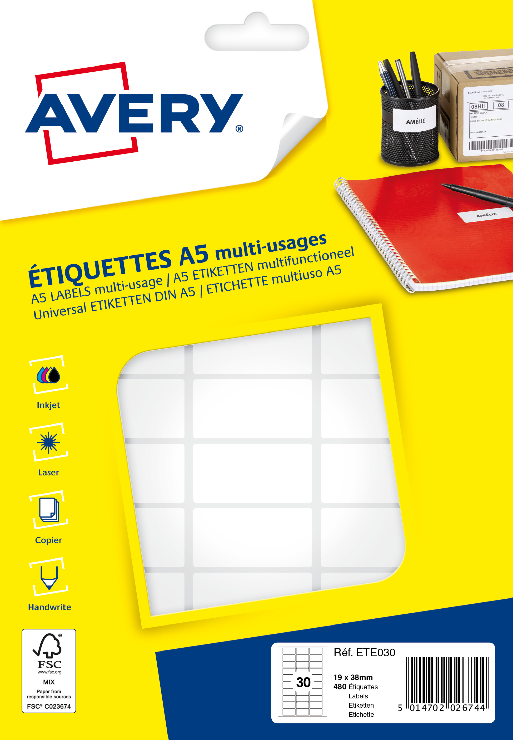Avery - Etui A5 - 480 Étiquettes multi-usages blanches - 19 x 38 mm - réf ETE030