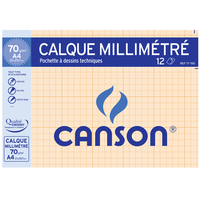 Canson - Pochette papier à dessin calque millimétré - 12 feuilles - A4 - 70/75G