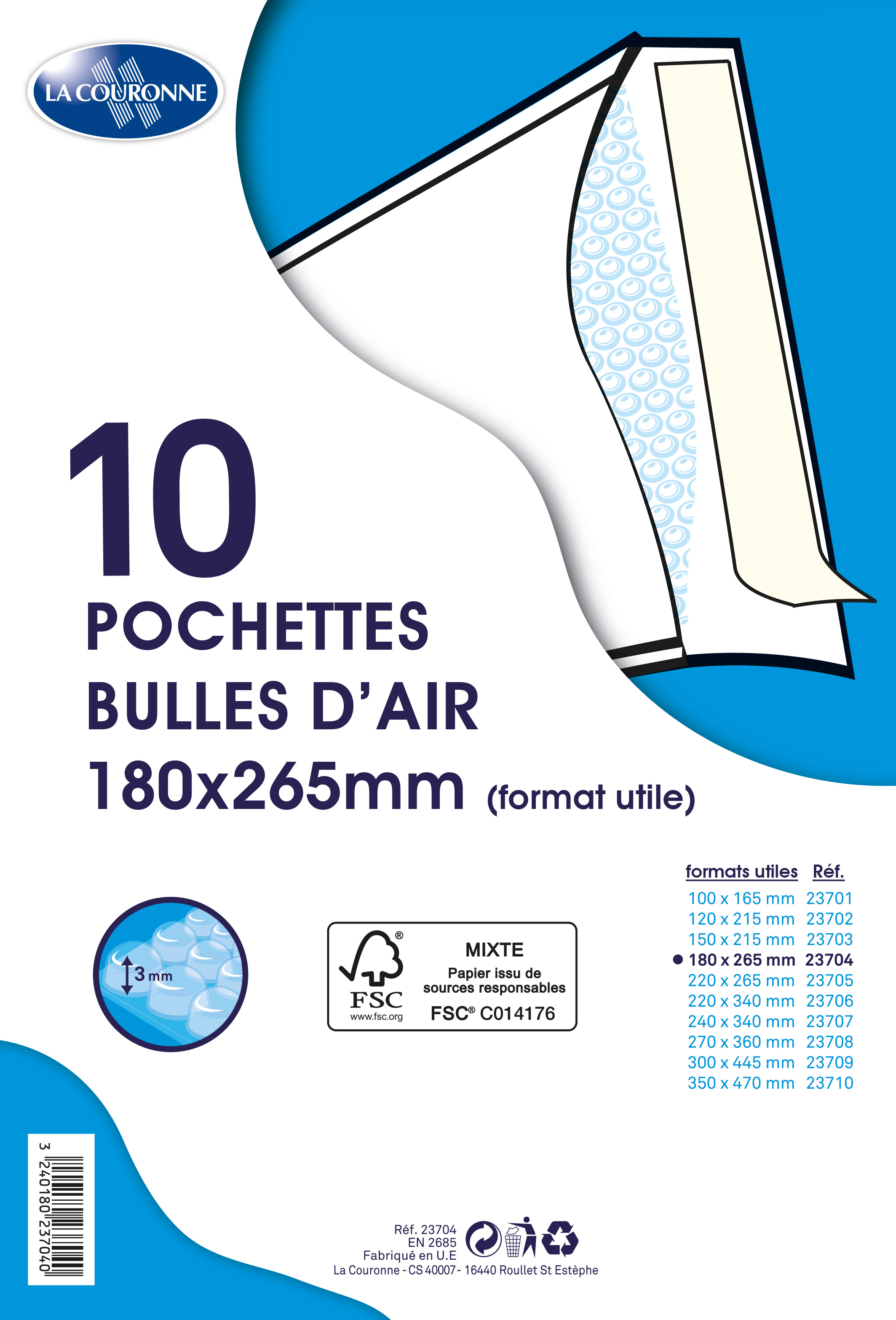 La Couronne - 10 Pochettes bulles - 180 x 265 mm - autocollant - blanc