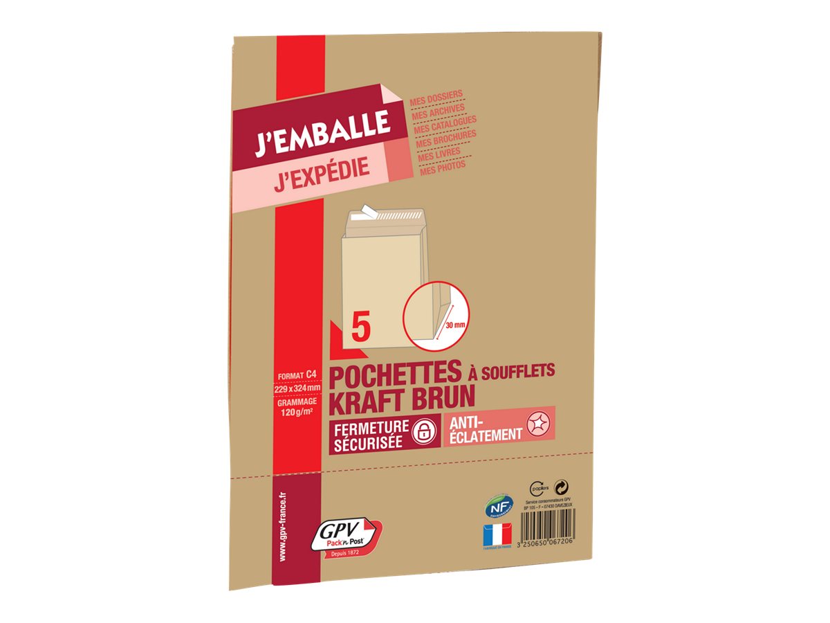 GPV Pack'n Post - 5 Pochettes kraft à soufflets C4 229 x 324 mm - 120 gr - bande auto-adhésive