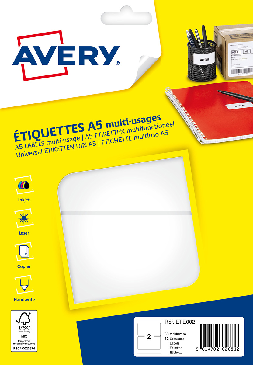 Avery - Etui A5 - 32 Étiquettes multi-usages blanches - 80 x 140 mm - réf ETE002