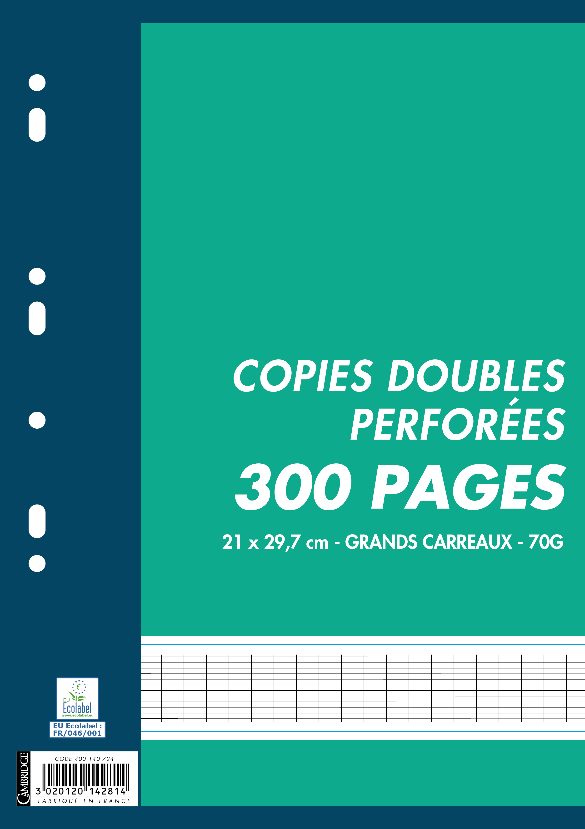 Cambridge - 300 copies doubles A4 - grands carreaux - perforées