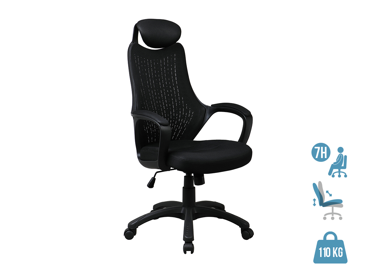 Fauteuil de bureau GALILEE - accoudoirs fixes - appui-tête intégré - noir